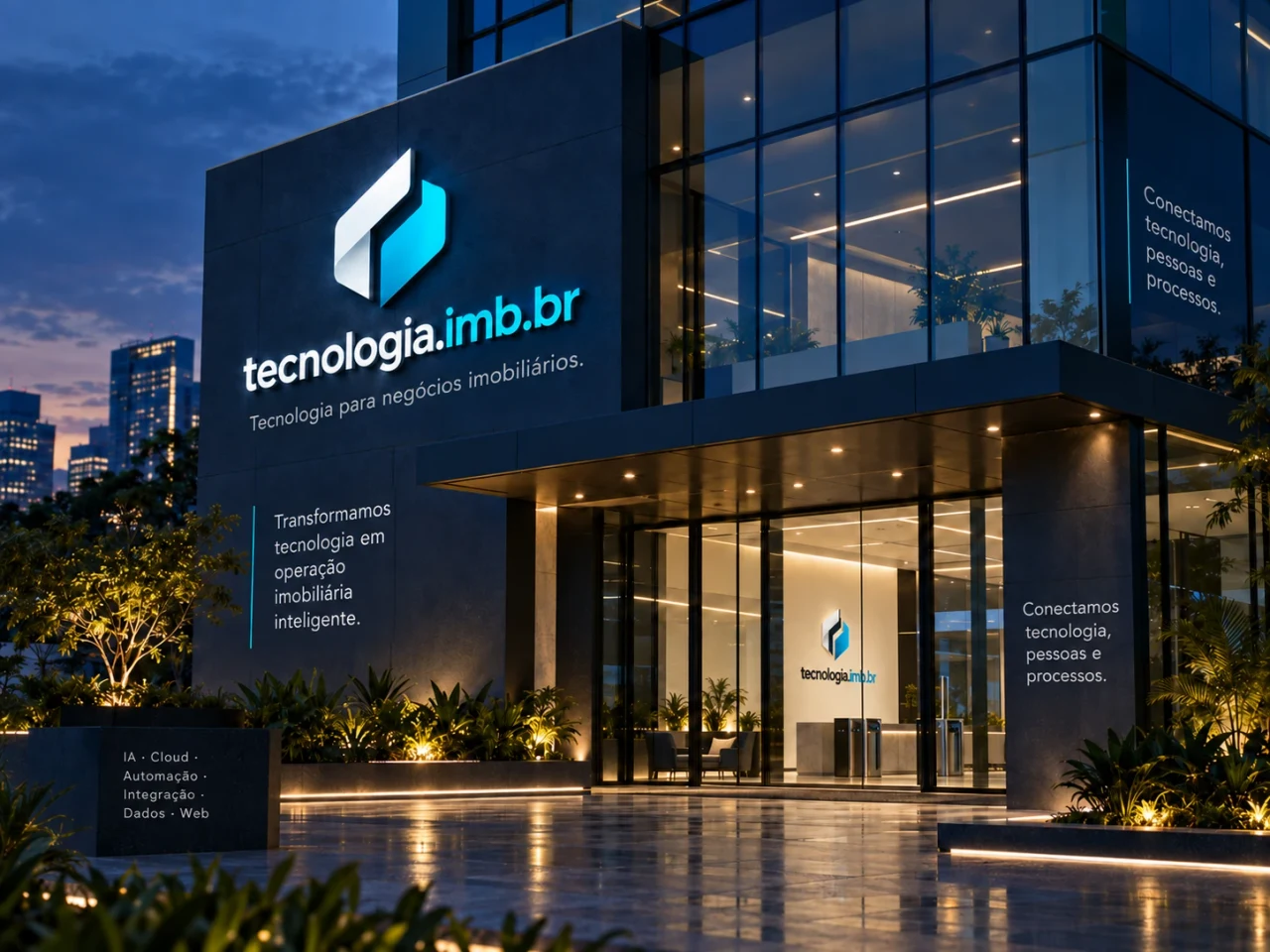 Visualização conceitual de um prédio ao anoitecer com a marca tecnologia.imb.br e as frases Tecnologia para negócios imobiliários, Transformamos tecnologia em operação imobiliária inteligente e Conectamos tecnologia, pessoas e processos.